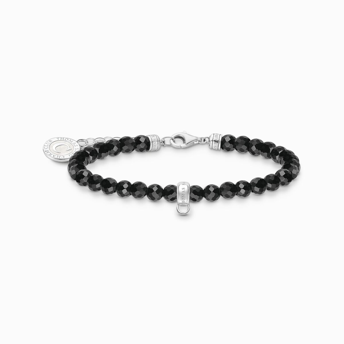 Silver charm bracelet with black beads