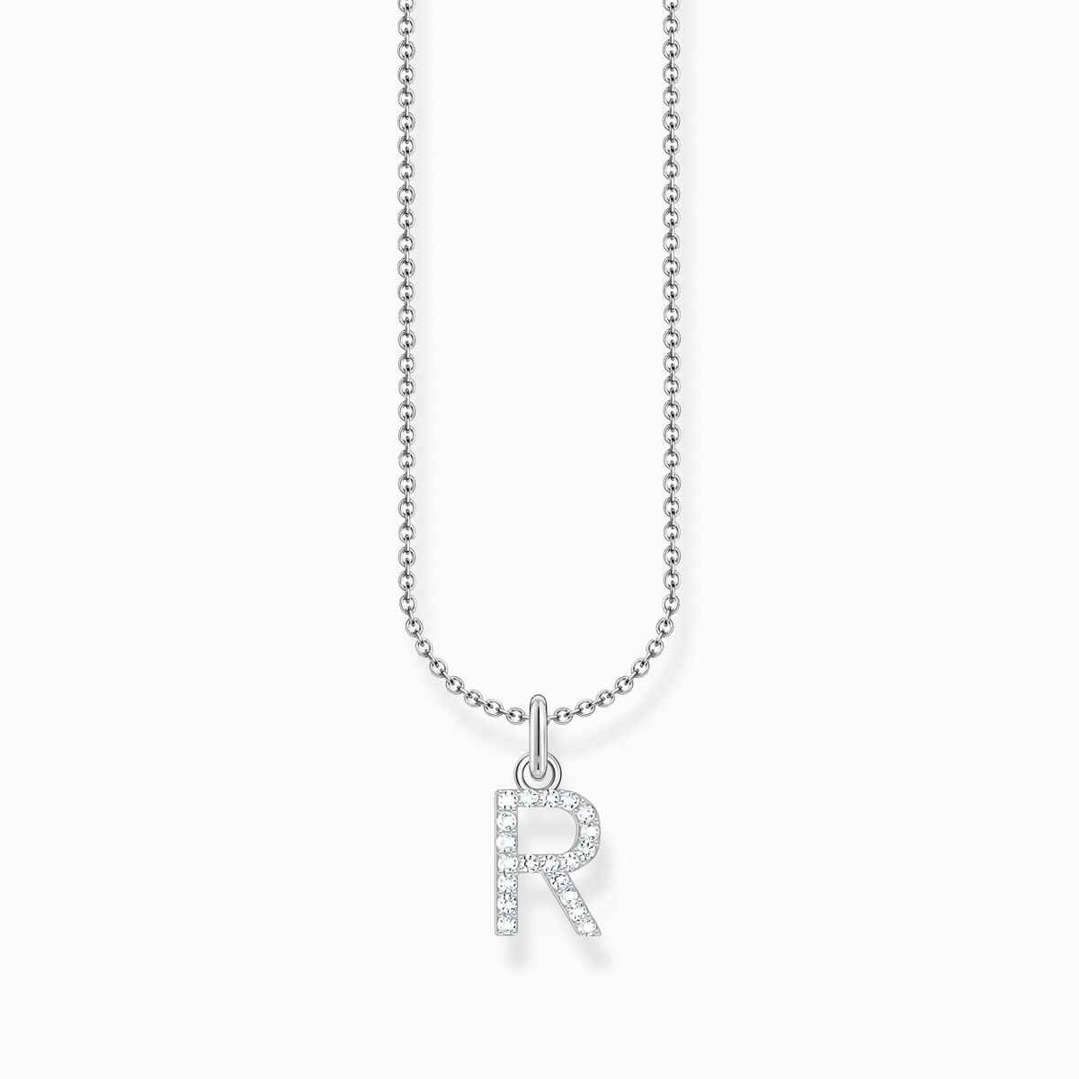 Silver necklace with letter pendant R and white zirconia