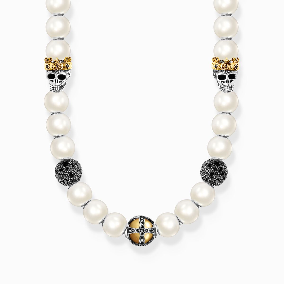 Gold-plated necklace, freshwater cultured pearls, skulls & beads