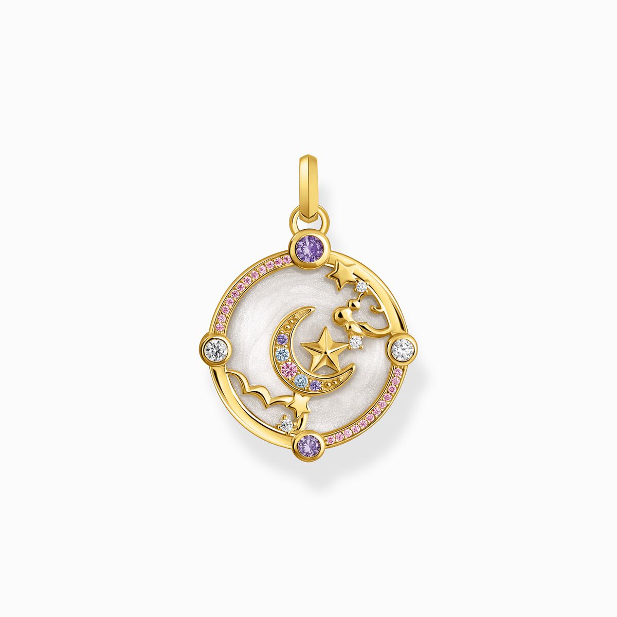Yellow-gold plated pendant with crescent moon and various stones