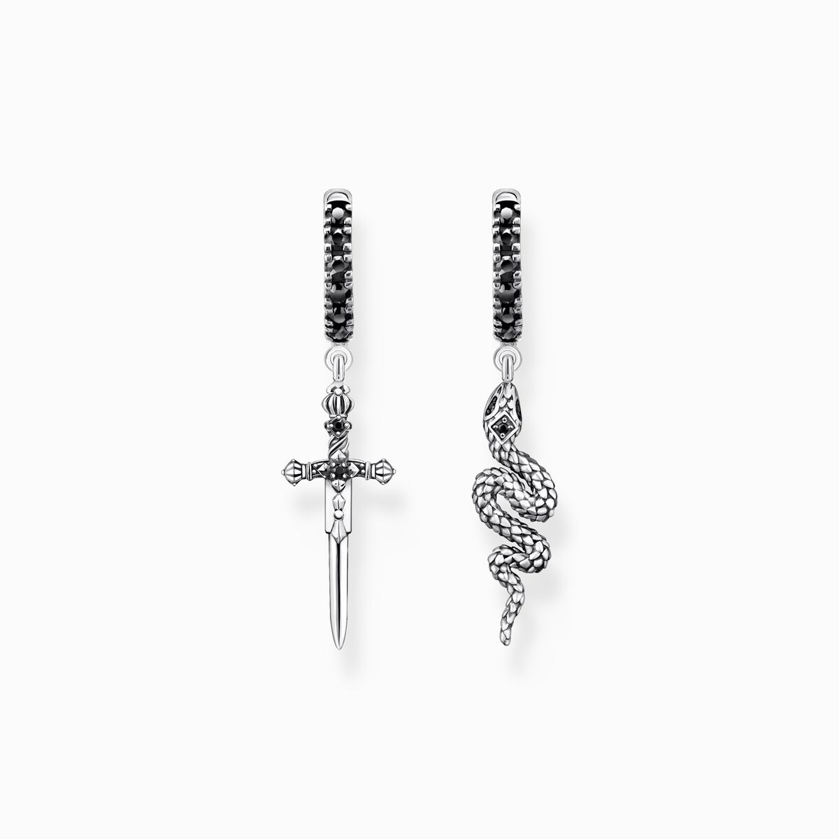 Hoop earrings blackened snake and sword