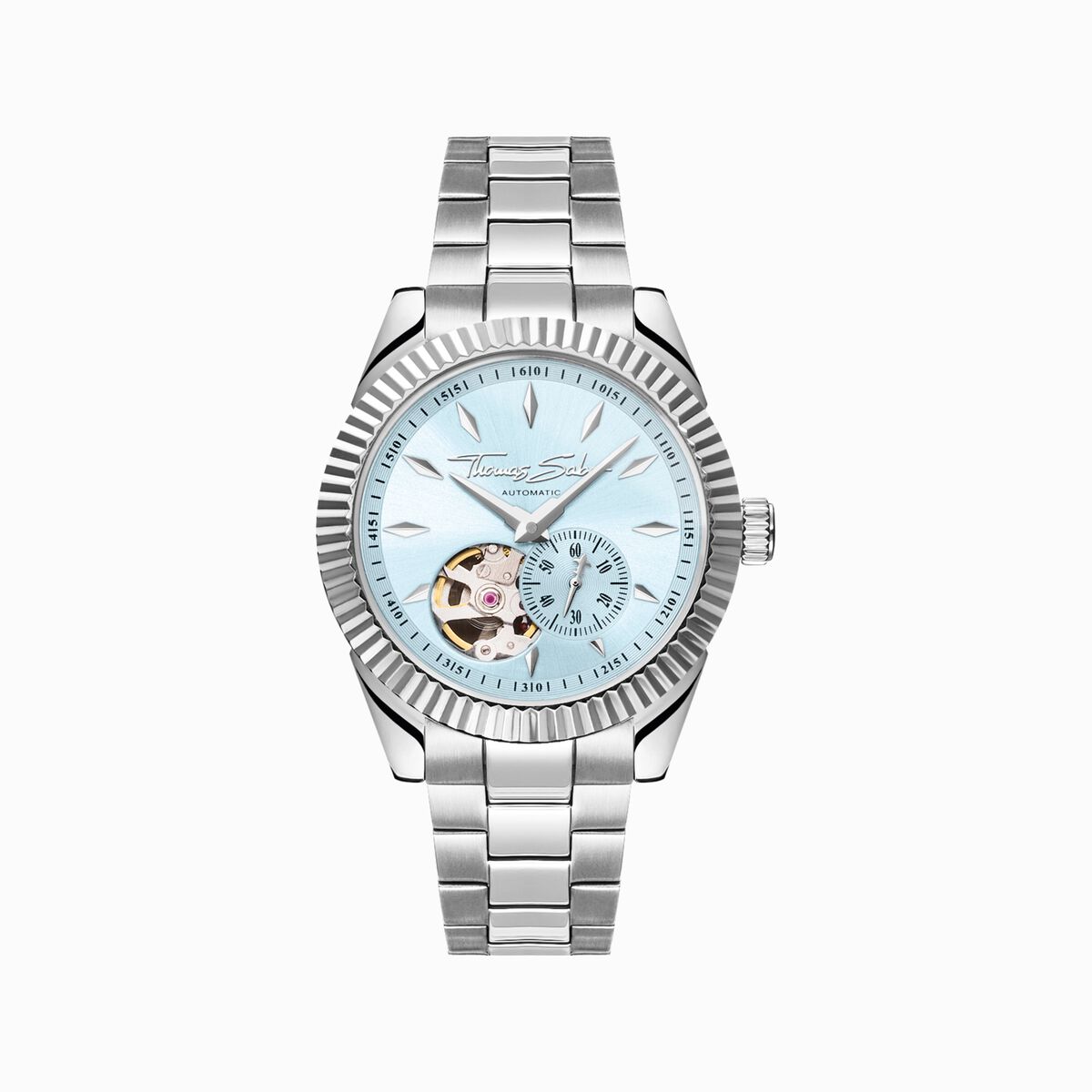 Silver automatic watch with 36 mm and ice blue dial