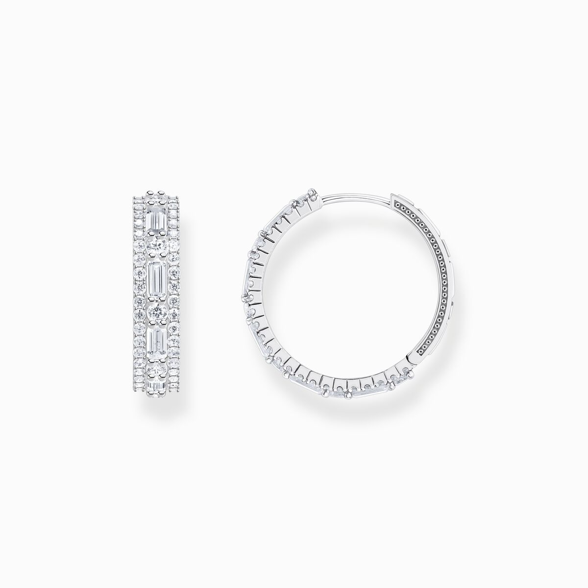 Silver hoop earrings with white stones