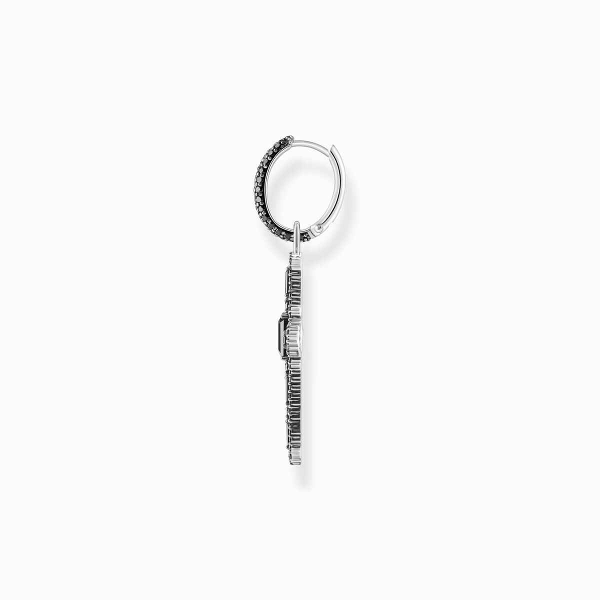Silver blackened cross single hoop earring with black zirconia