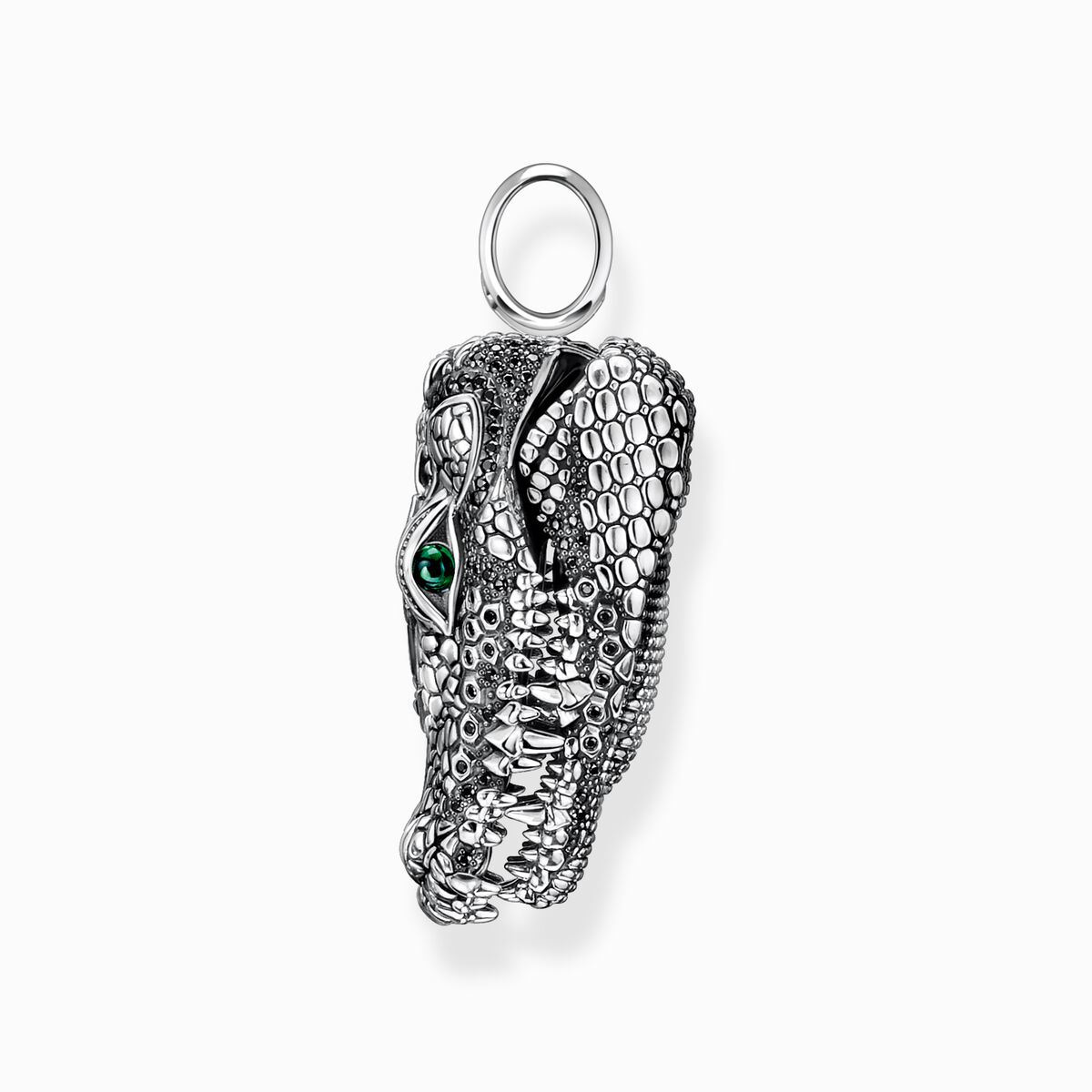 Blackened silver pendant crocodile head with black and green stones