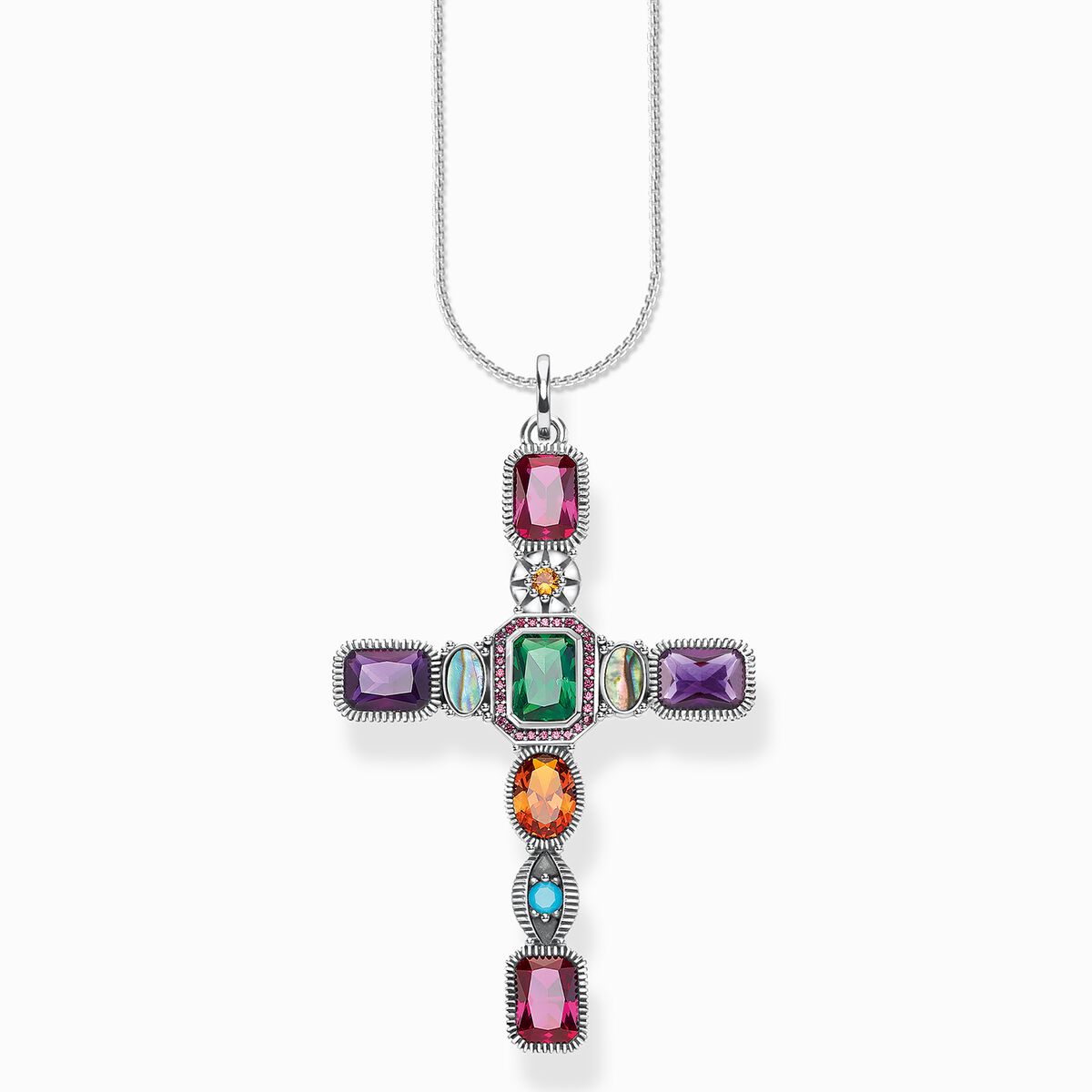 Jewellery set necklace cross with colourful stones silver