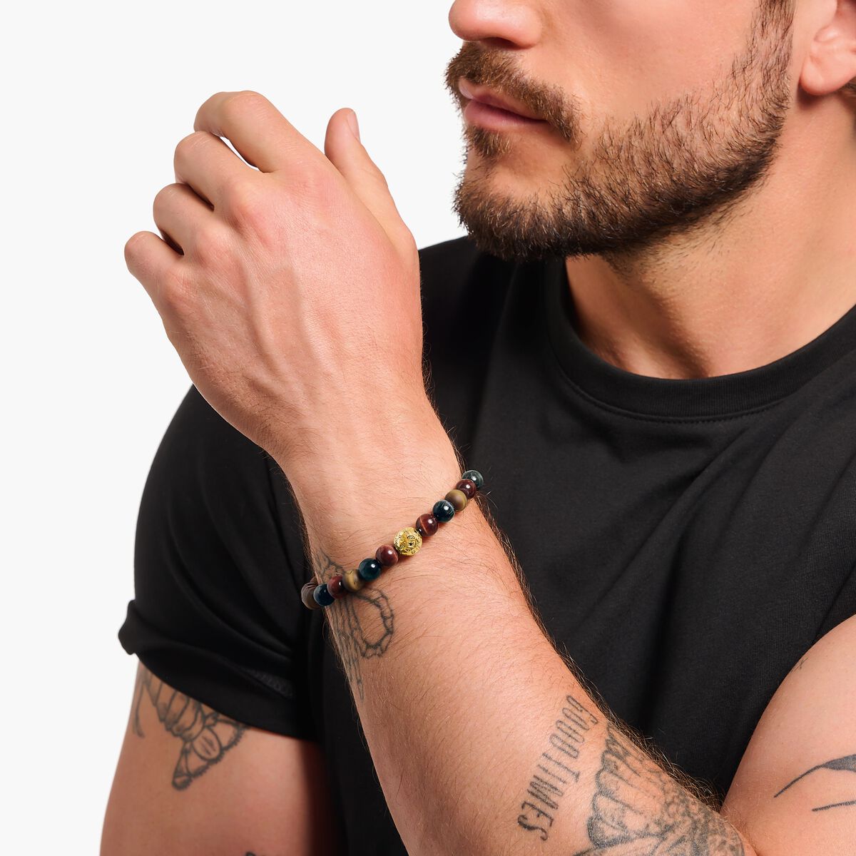 Gold-plated beads bracelet with blue gold and red tiger's eye