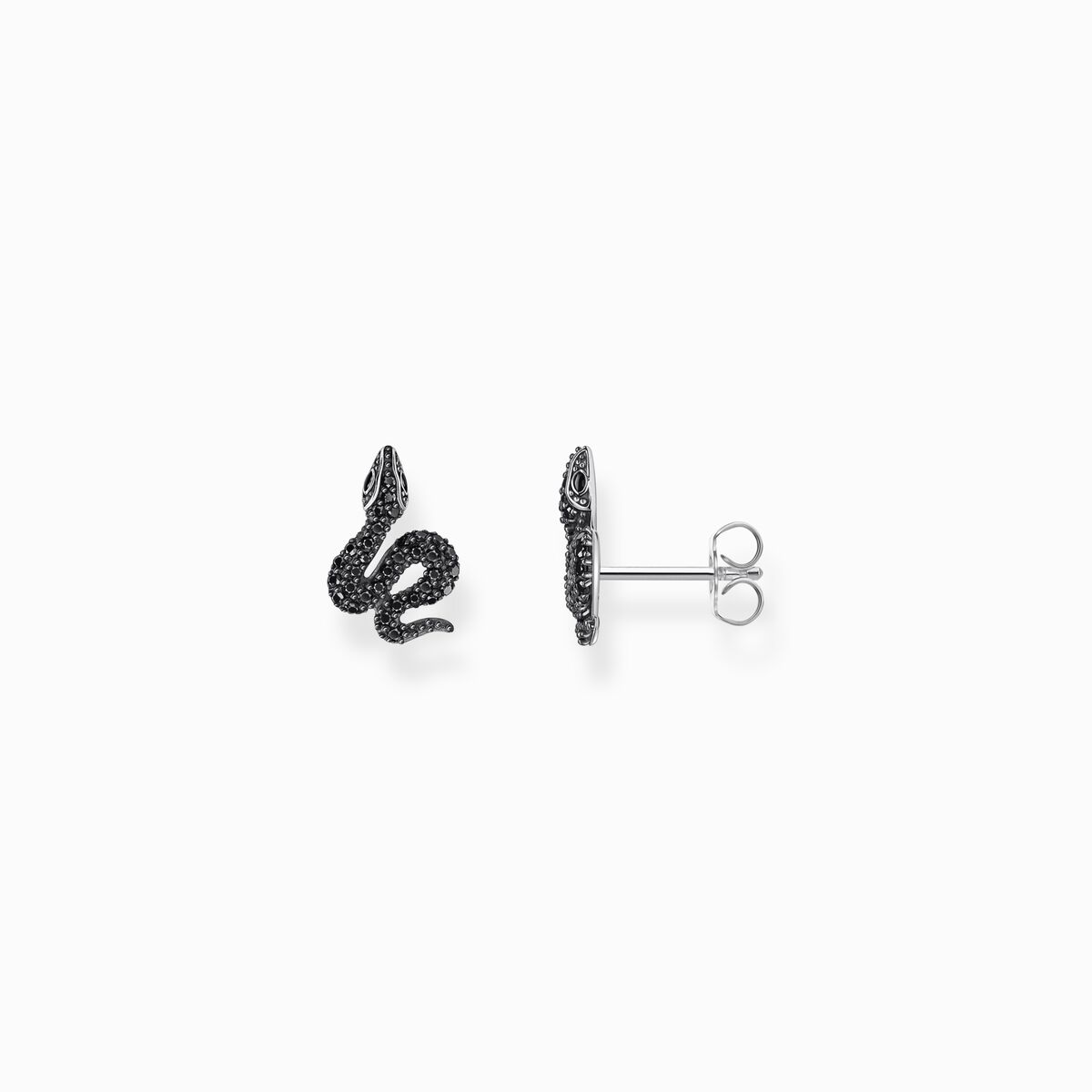 Silver blackened snake small ear studs with black zirconia