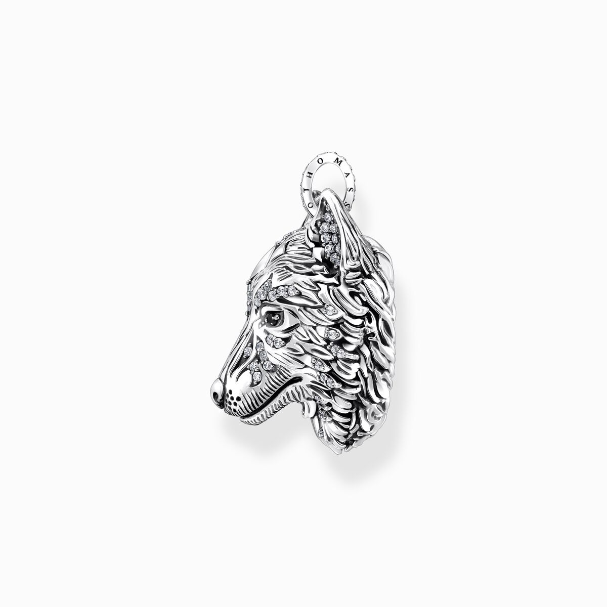 Silver blackened pendant wolf's face with stones