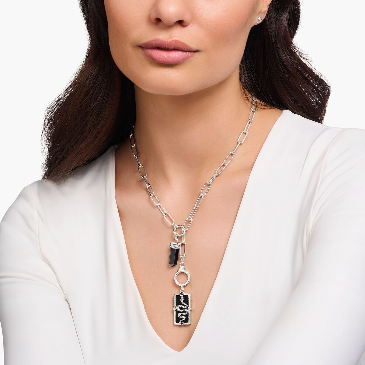 Silver link necklace with two ring clasps and white zirconia