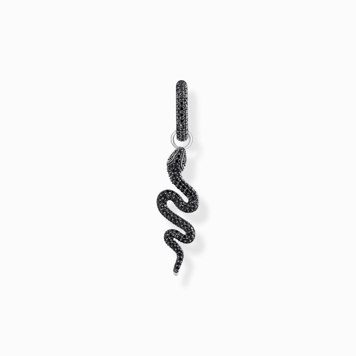 Silver blackened snake single hoop earring with black zirconia