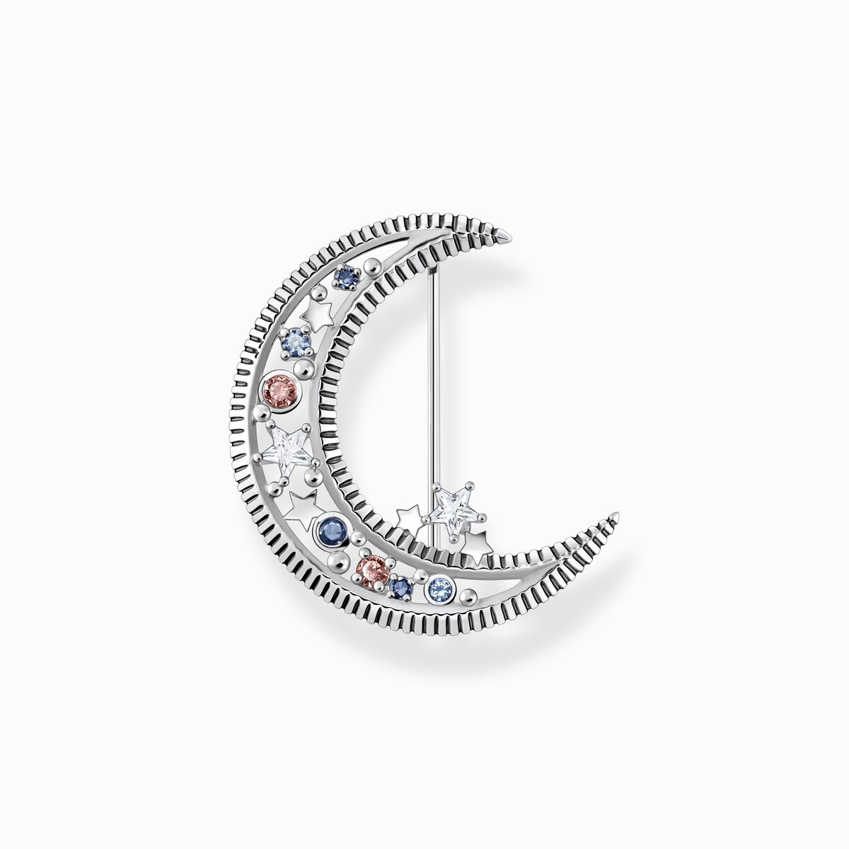 Brooch crescent moon with coloured stones silver