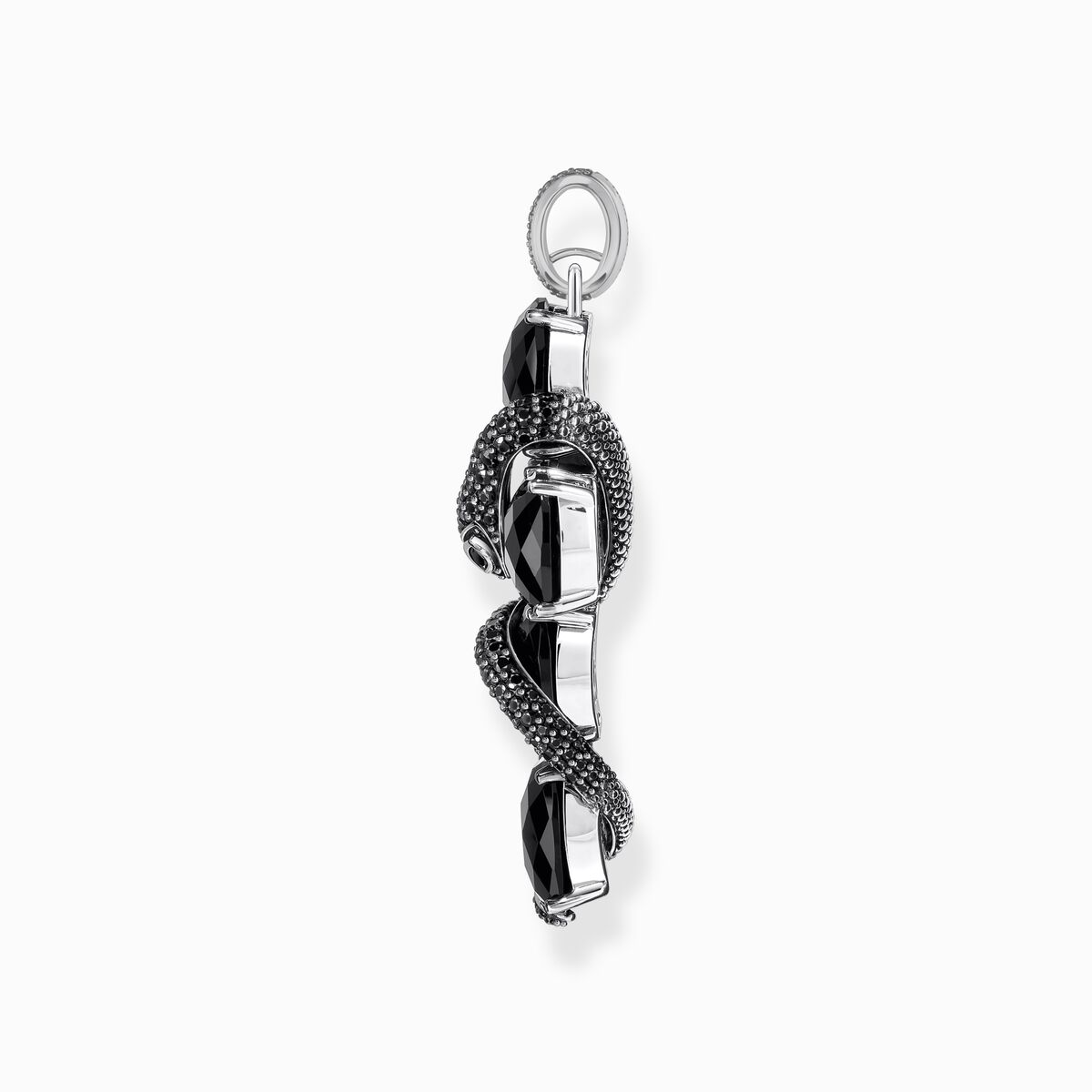 Silver blackened cross pendant with snake and black zirconia