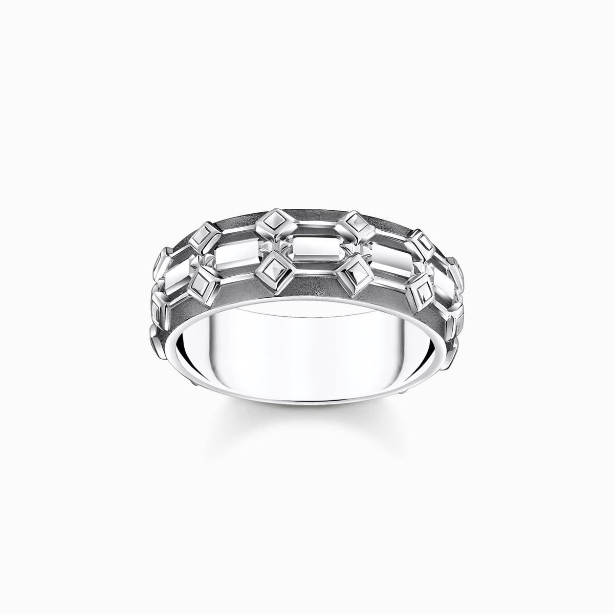 Silver blackenend wide band ring with crocodile detailing