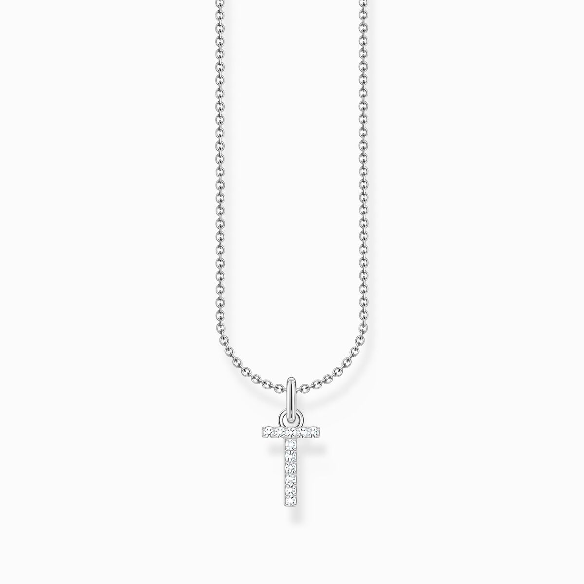 Silver necklace with letter pendant T and white zirconia
