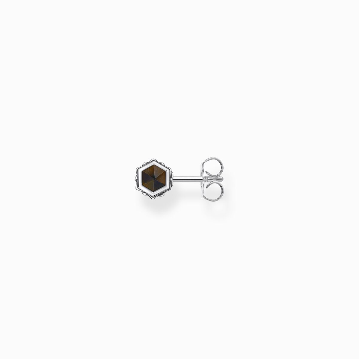 Silver single ear stud with gold blue tiger's eye pendant