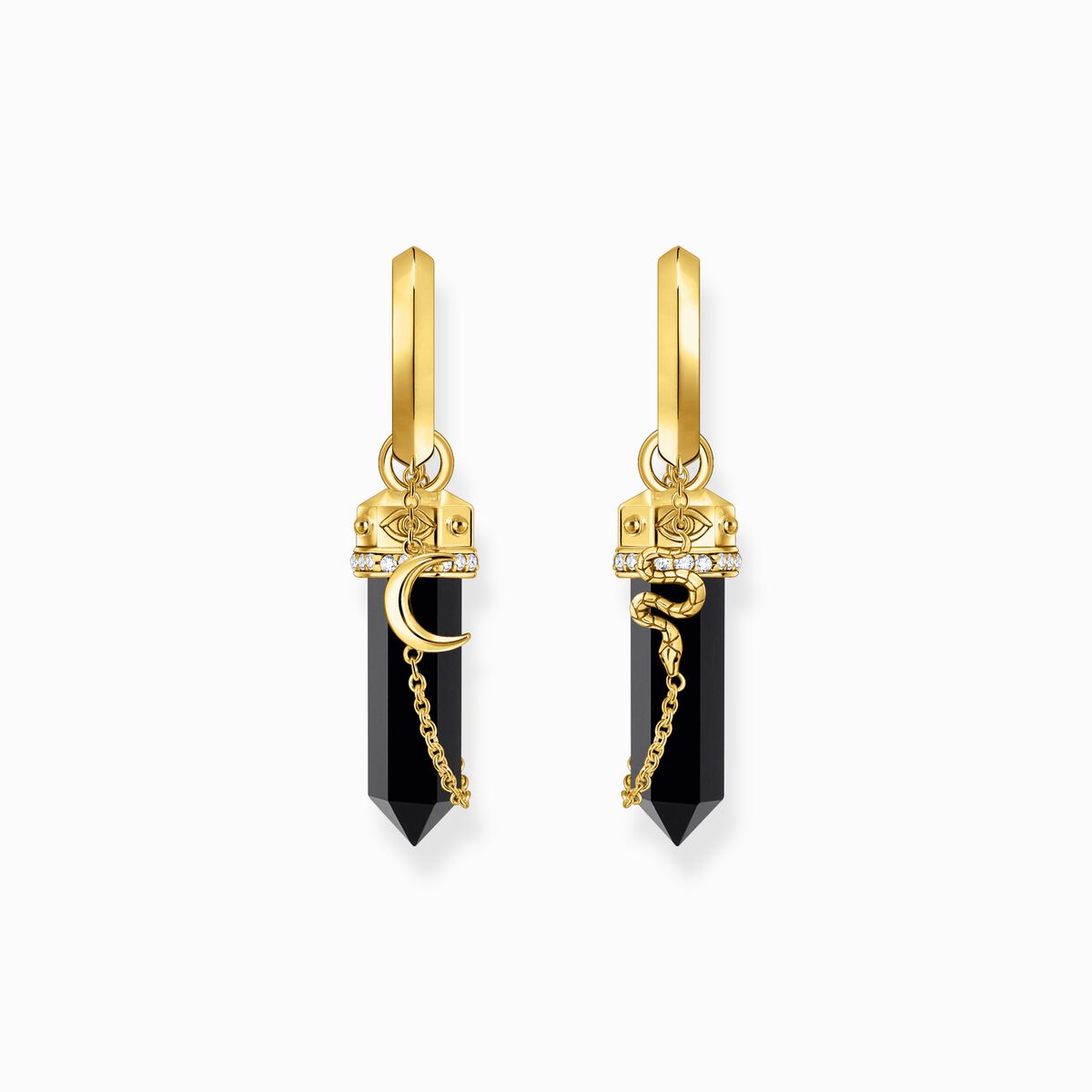 Yellow-gold plated hoop earrings with onyx and small chain
