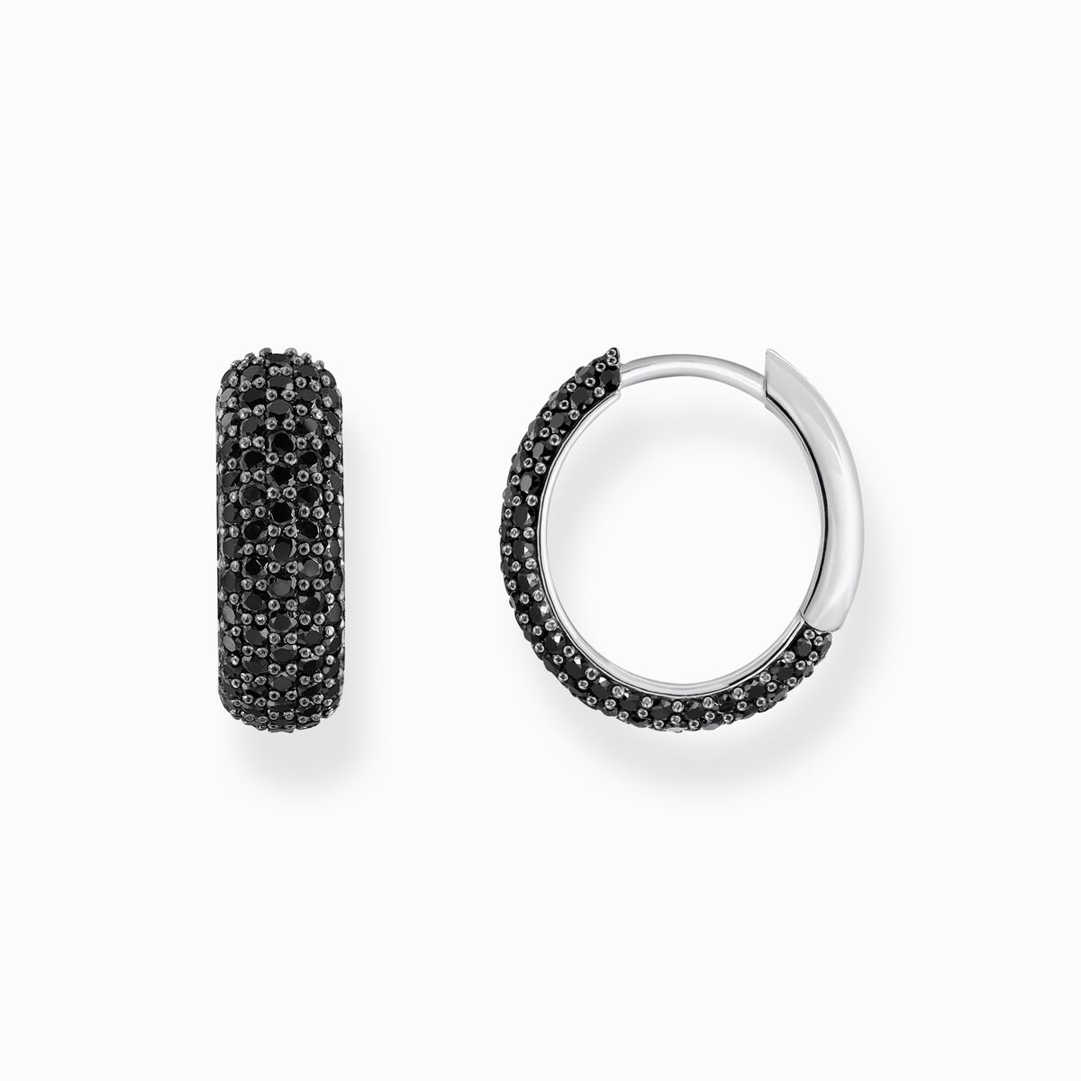 Silver small, wide hoop earrings with black zirconia