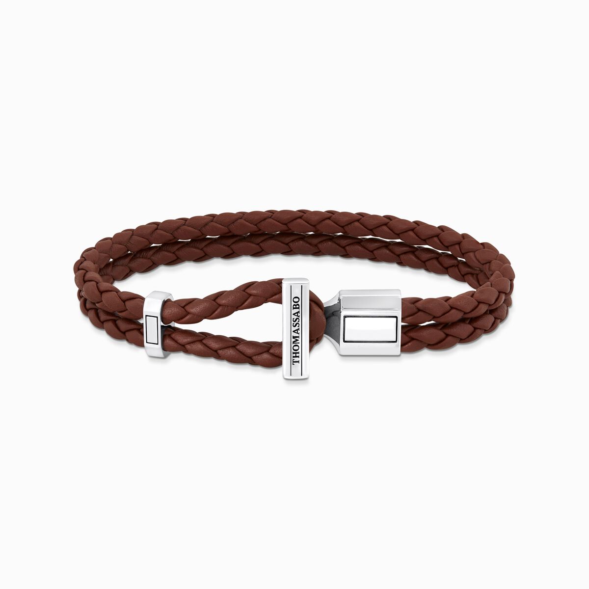 Silver double bracelet with braided, brown leather