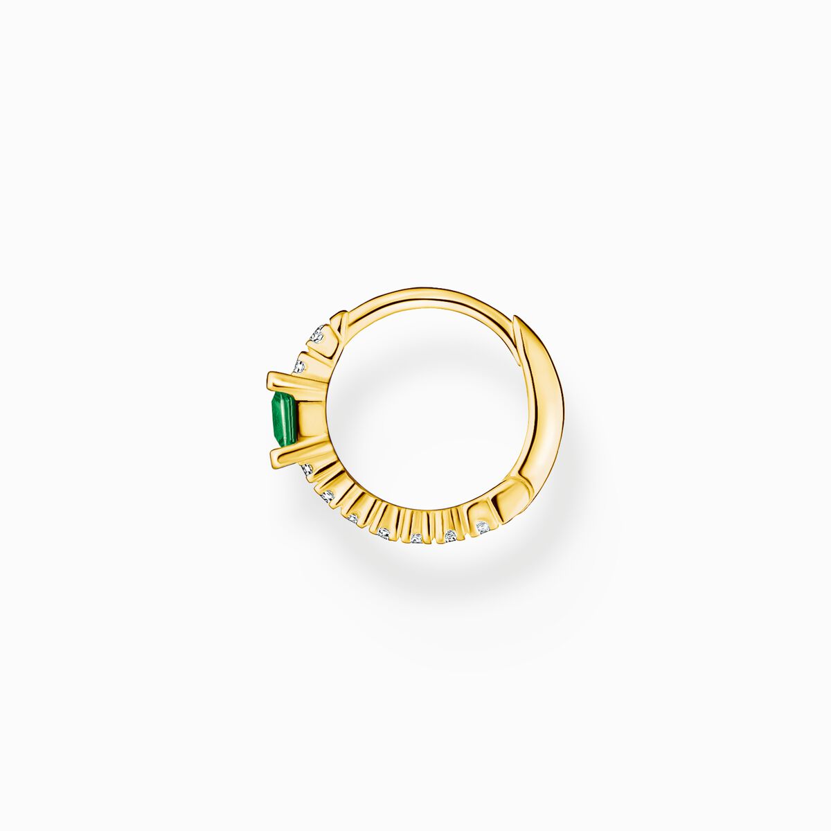 Single hoop earring with green and white stones gold plated