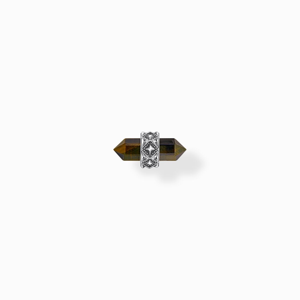 Silver single ear stud with gold blue tiger's eye pendant