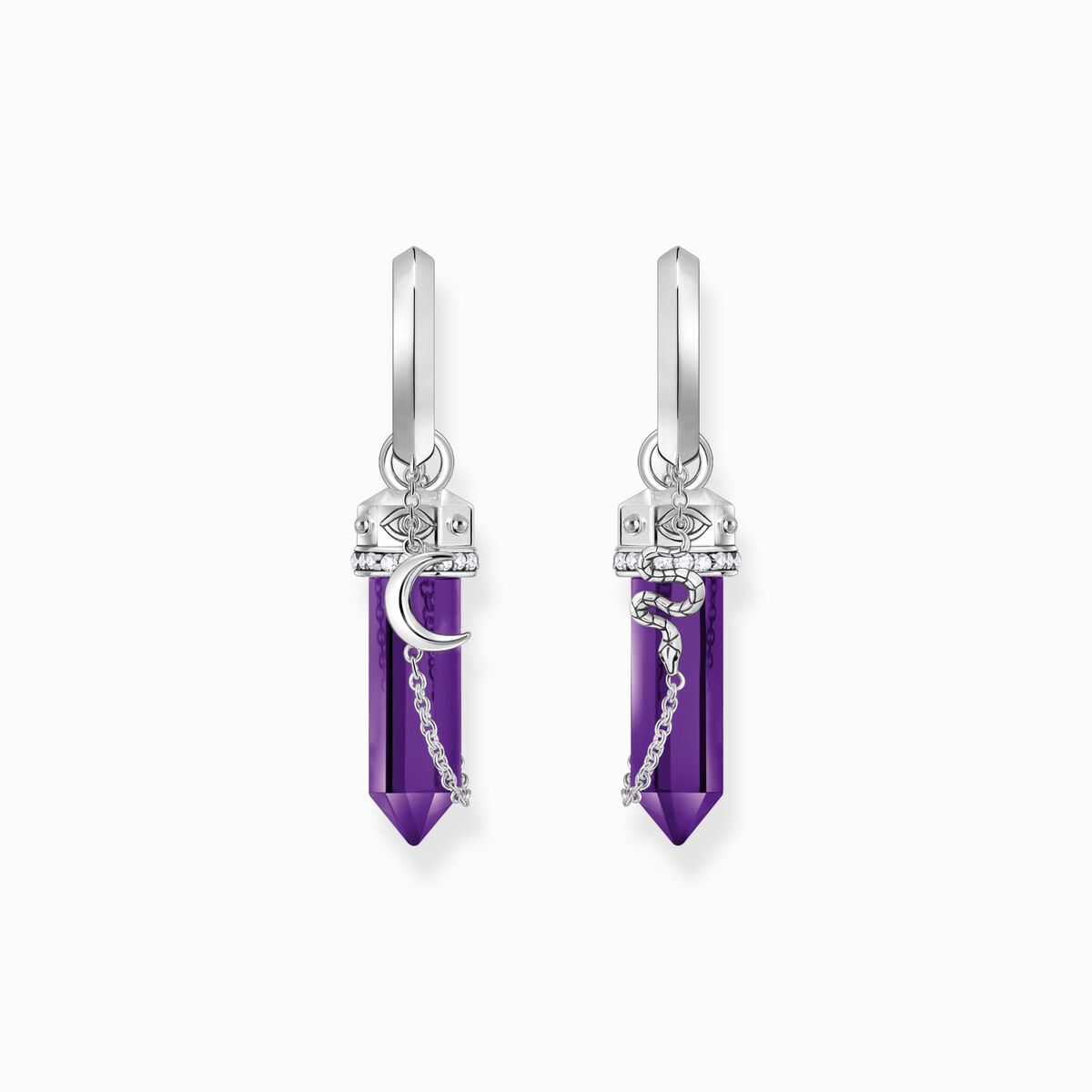 Silver hoop earrings with imitation amethysts and delicate chain