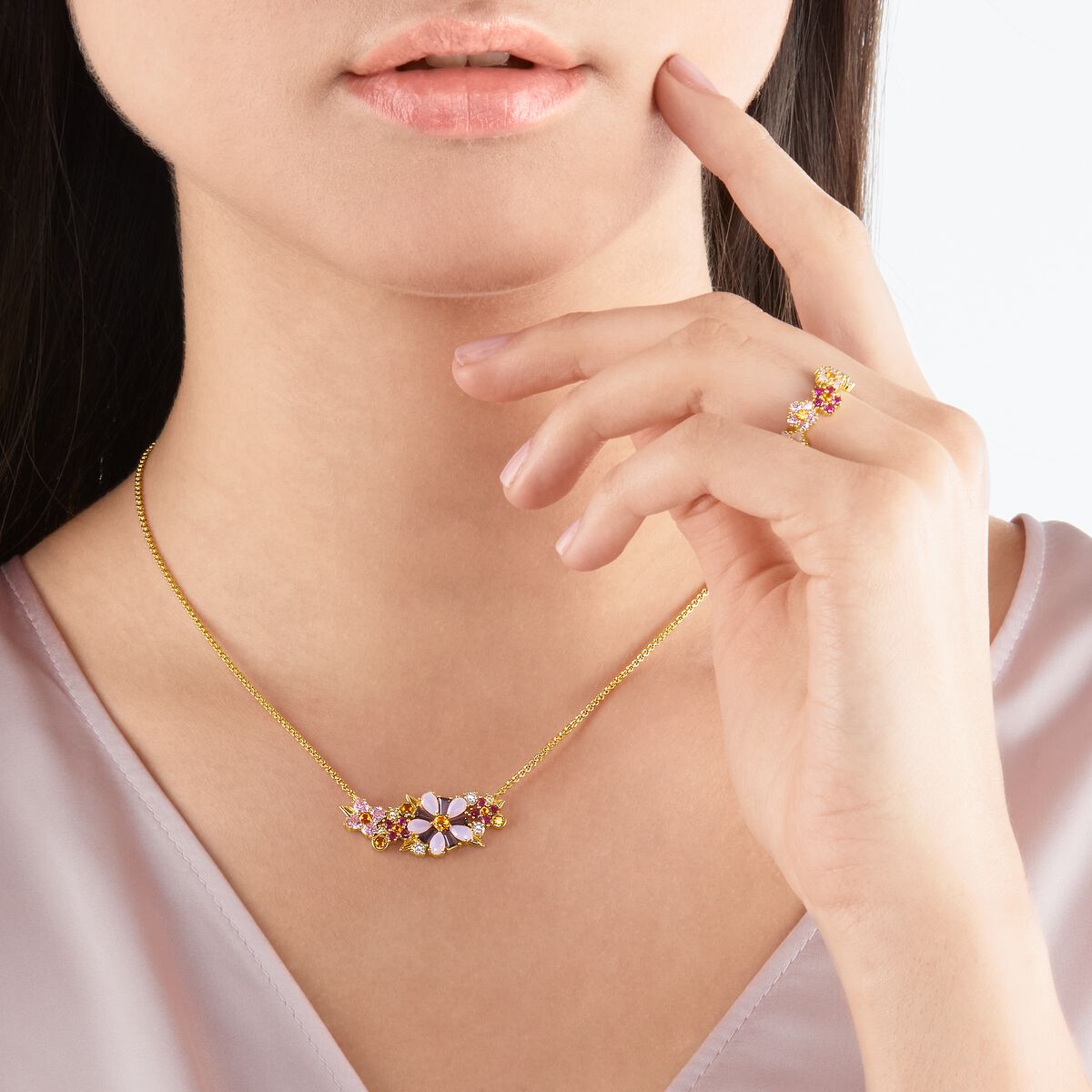Necklace flowers colourful stones gold