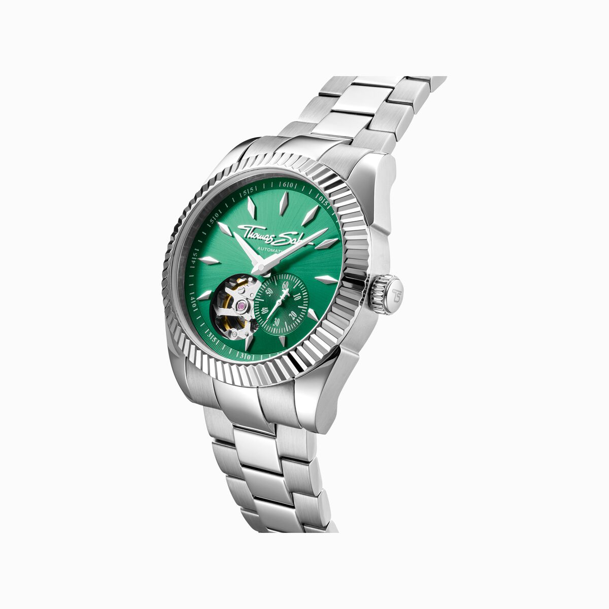 Silver automatic watch with 36 mm and emerald green dial
