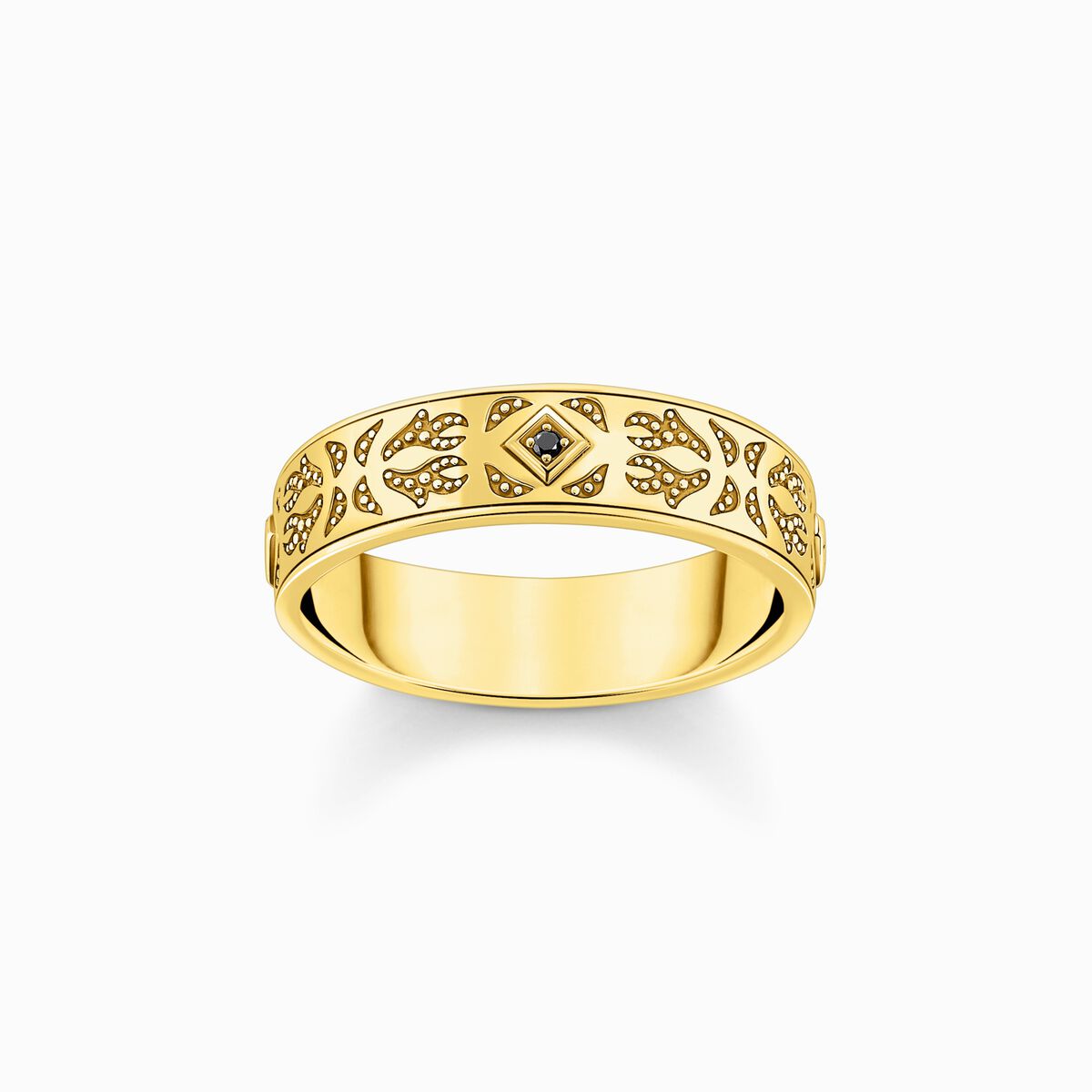 Gold-plated band ring with pattern and black zirconia