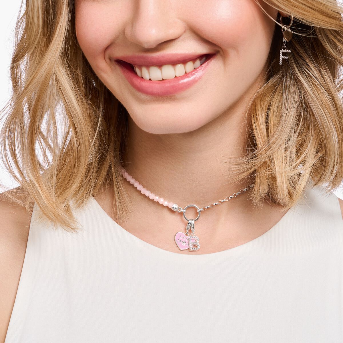 Charm necklace with beads of rose quartz and Coin silver