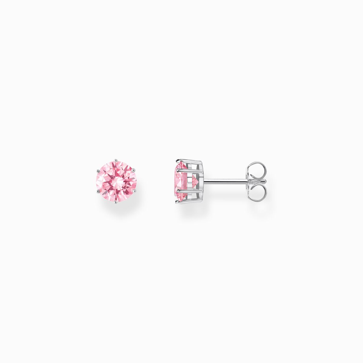 Silver ear studs with big, pink zirconia