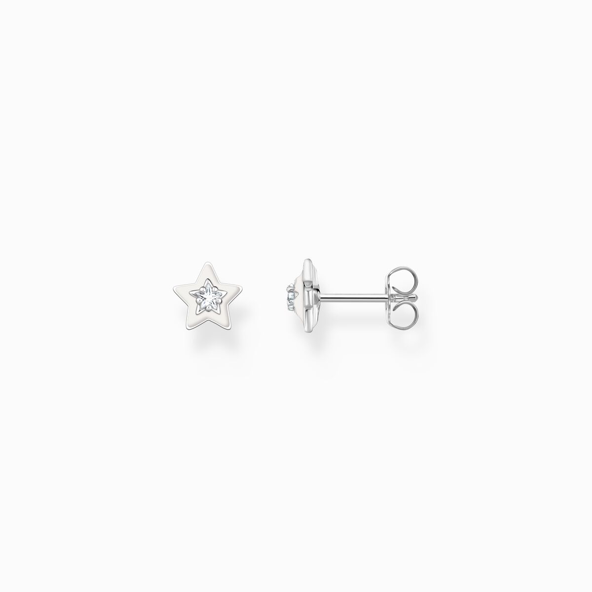 Ear studs with white stones and white cold enamel silver
