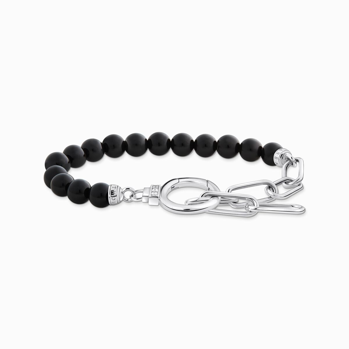 Silver bracelet with onyx beads and white zirconia