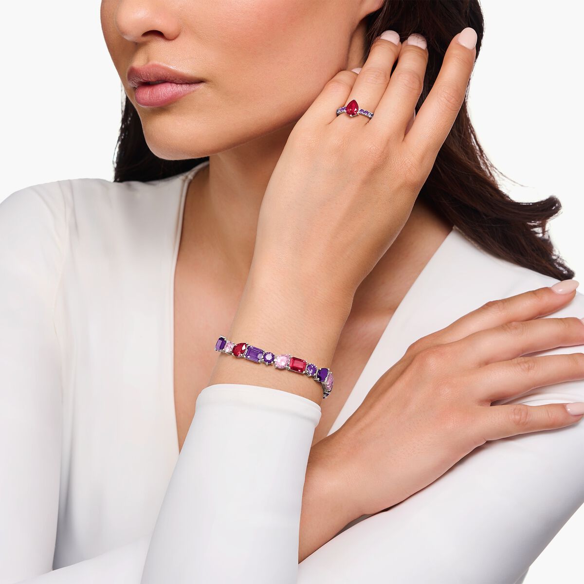 Silver tennis bracelet with 20 zirconia stones in violet tones