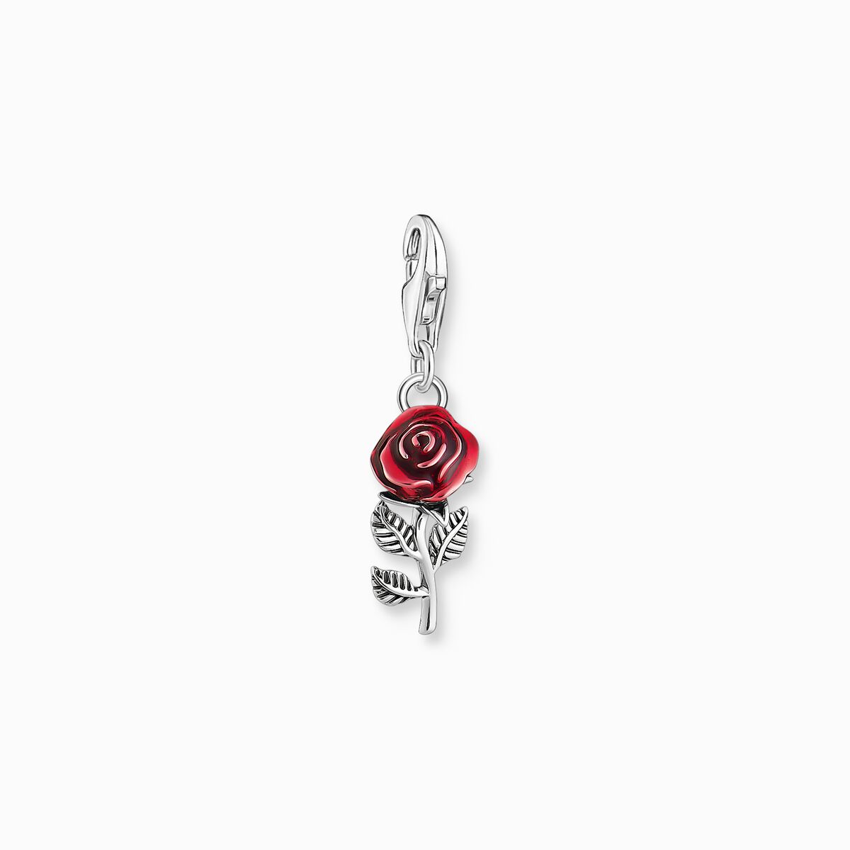 Silver blackened charm pendant in red rose design