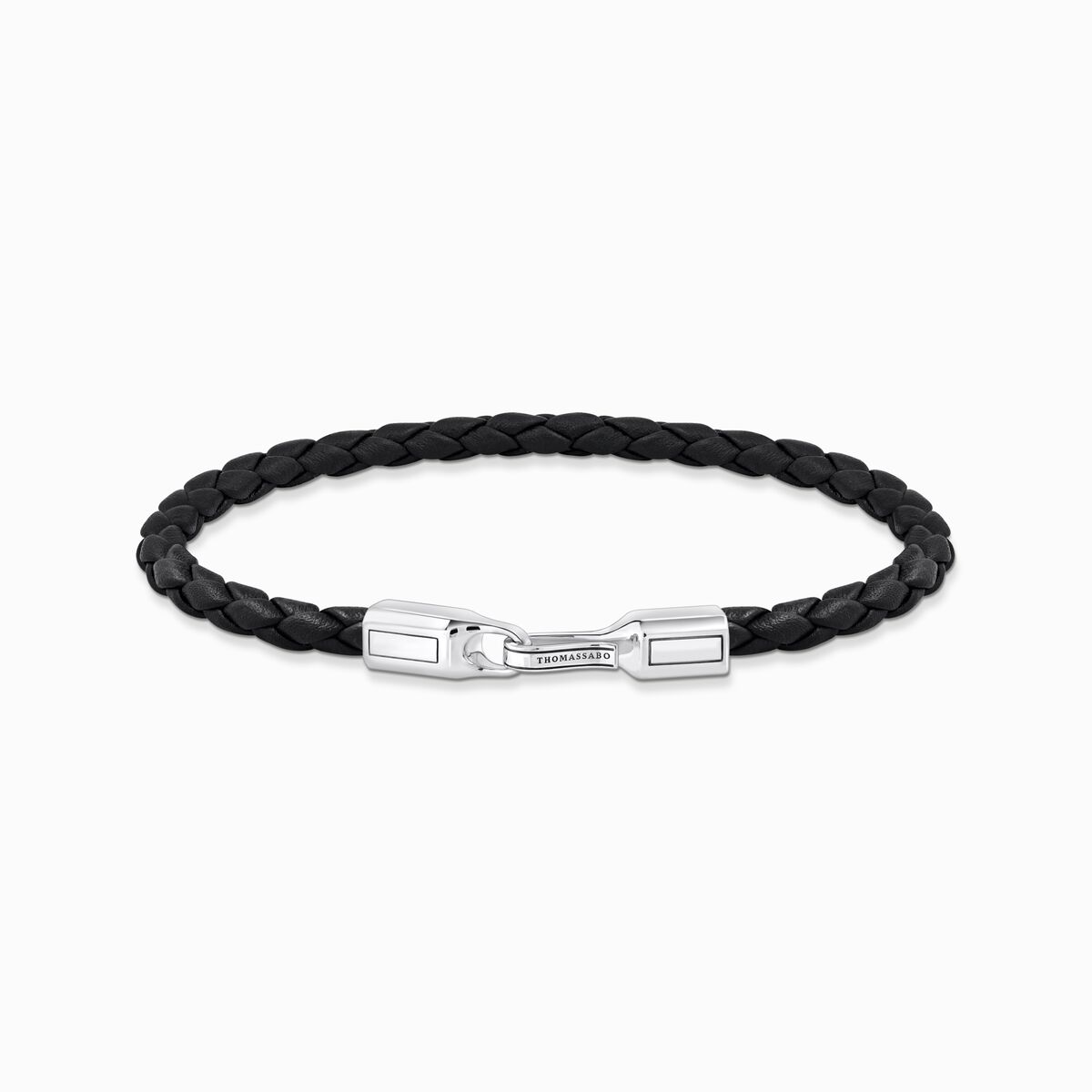 Silver bracelet with braided, black leather