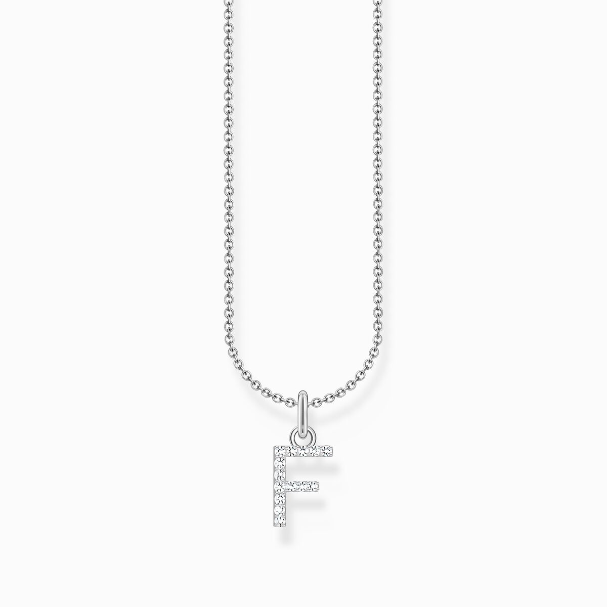 Silver necklace with letter pendant F and white zirconia