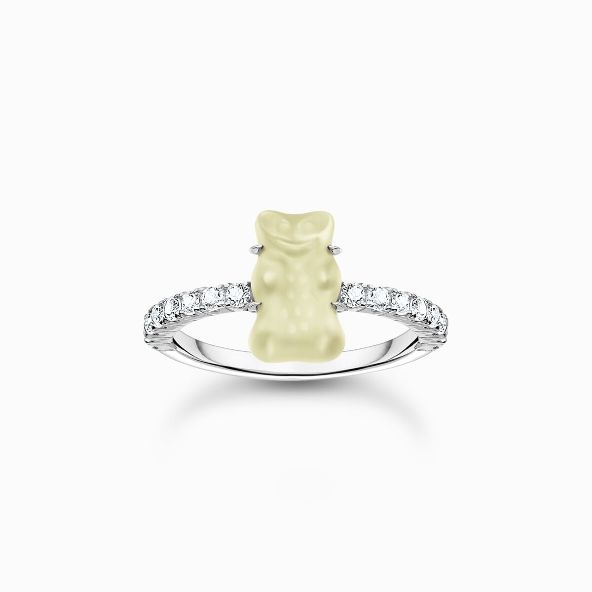 Silver ring with white mini sized goldbears and zirconia