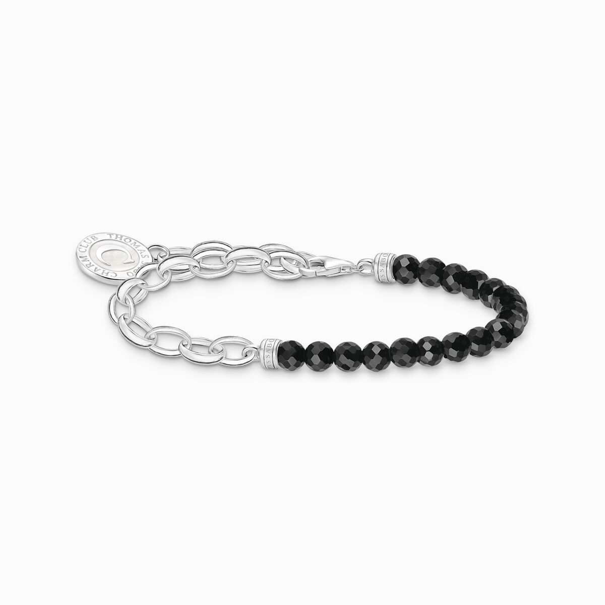 Charm bracelet with black obsidian beads and disc silver