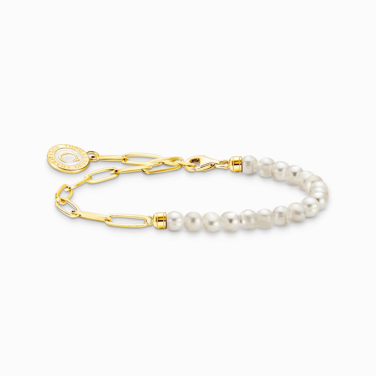 Charm bracelet with white pearls and disc gold plated