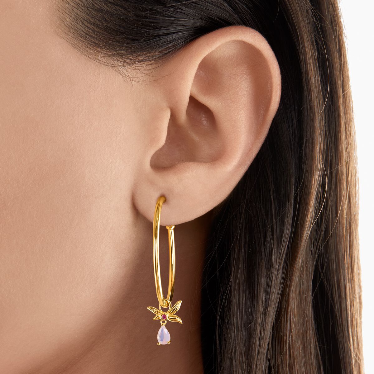 Hoop earrings flower gold with pink stone
