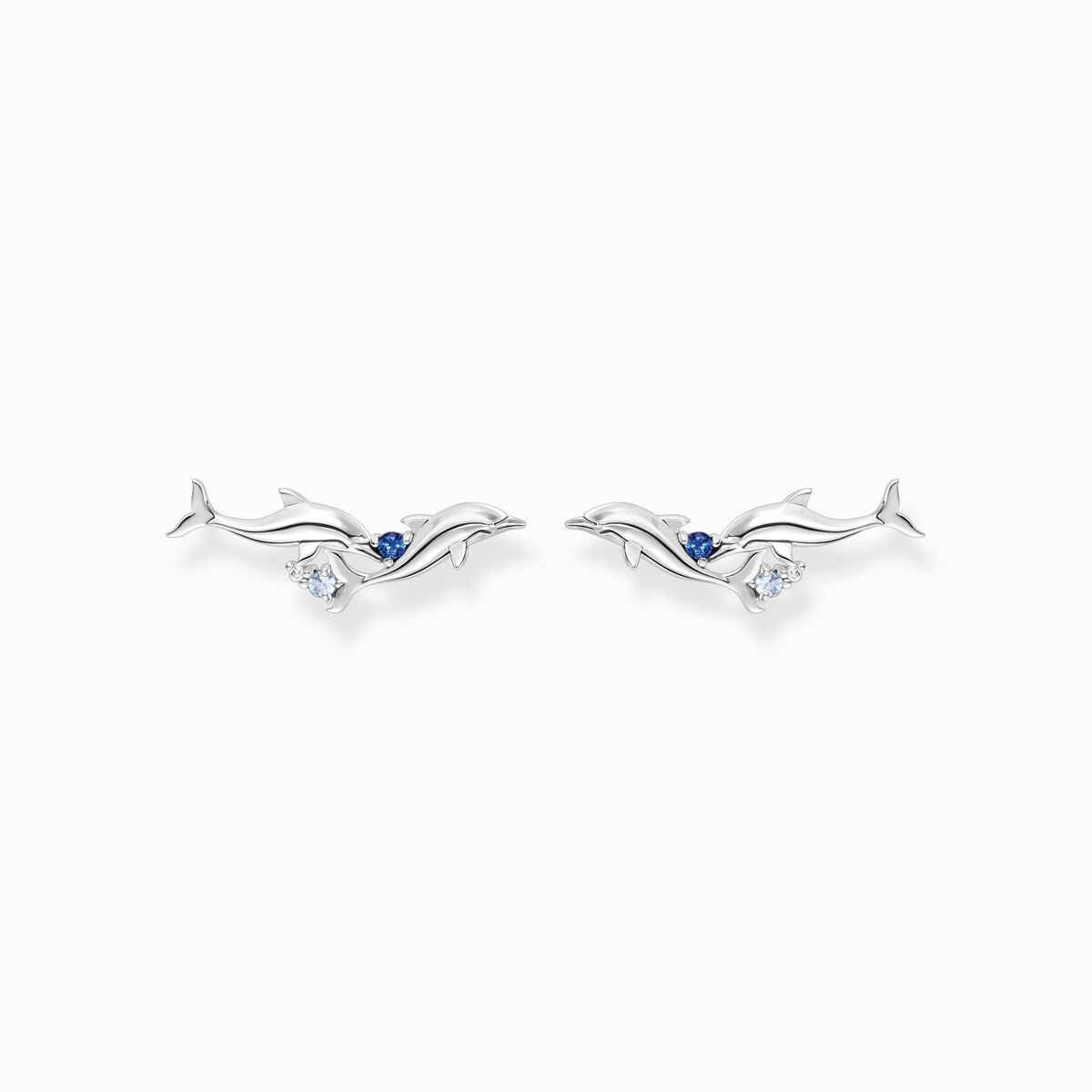 Ear climber dolphins with blue stones