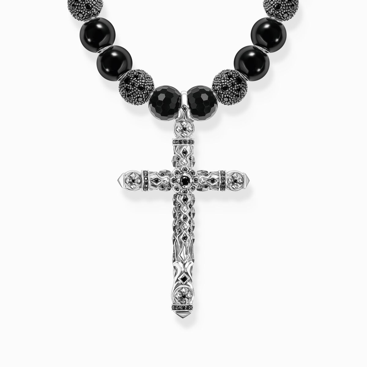 Silver blackened necklace made of black beads with cross pendant