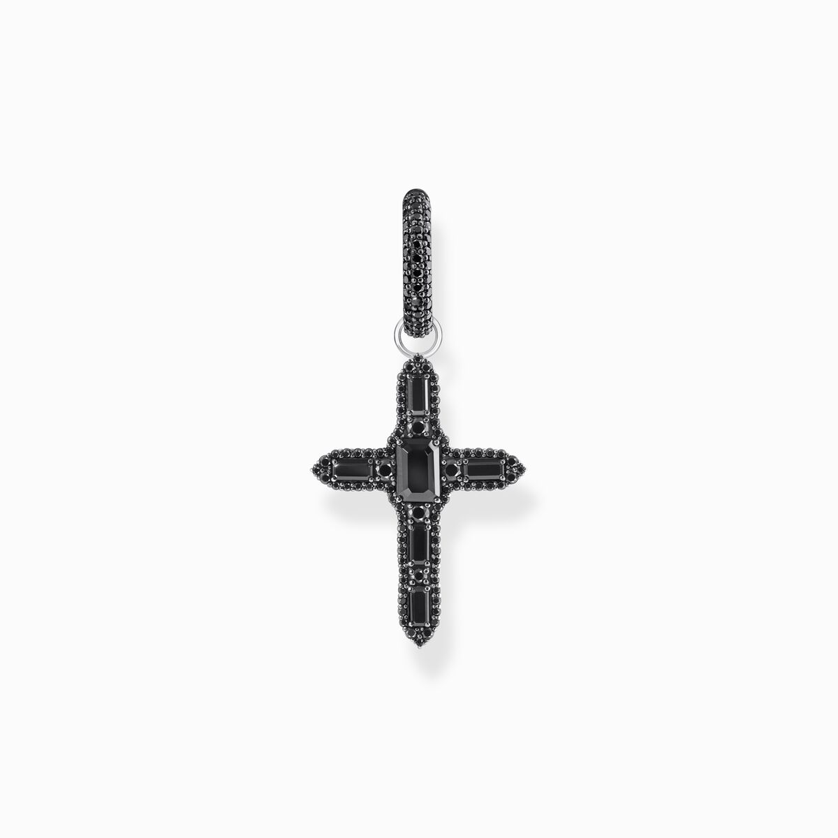 Silver blackened cross single hoop earring with black zirconia