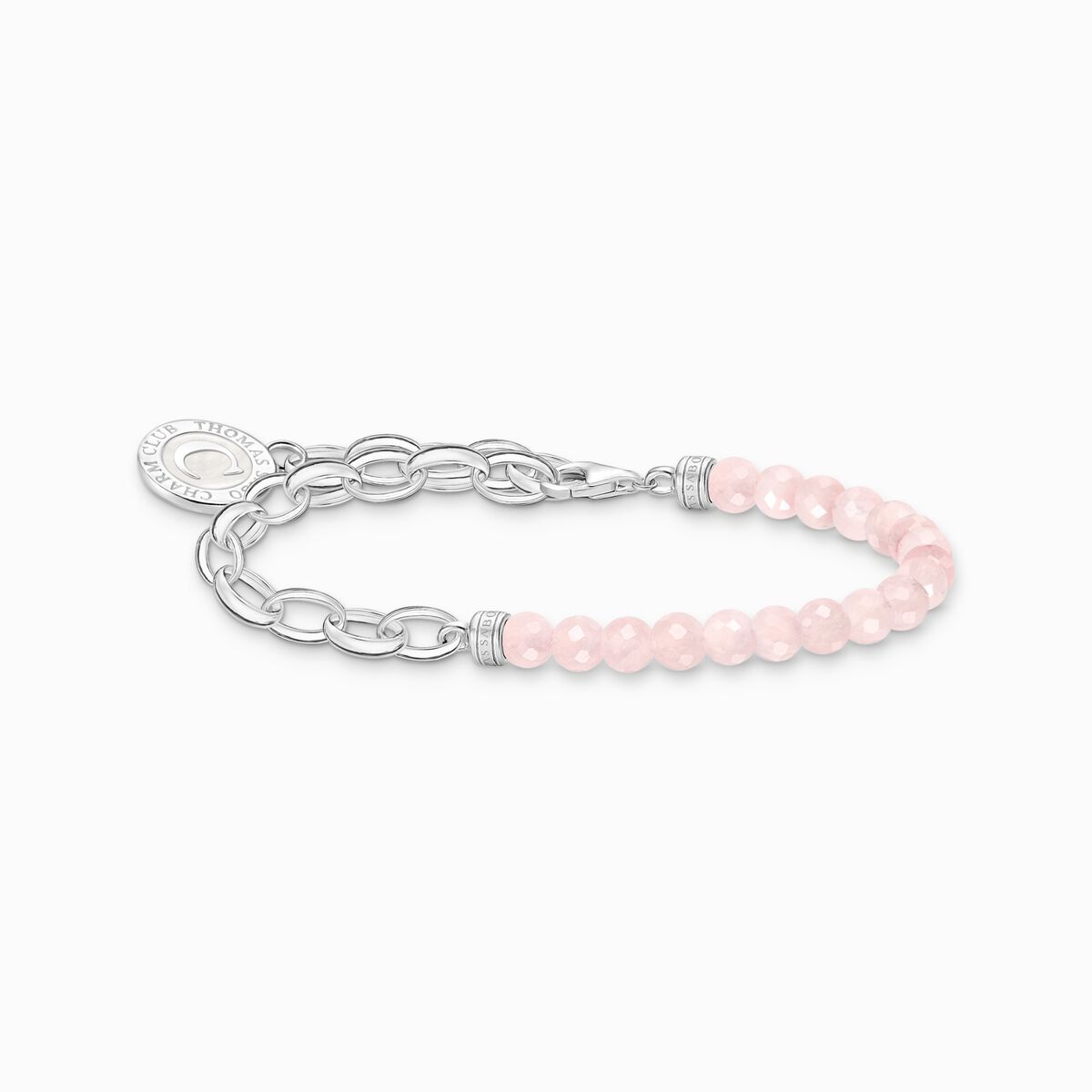 Charm bracelet with beads of rose quartz and disc silver