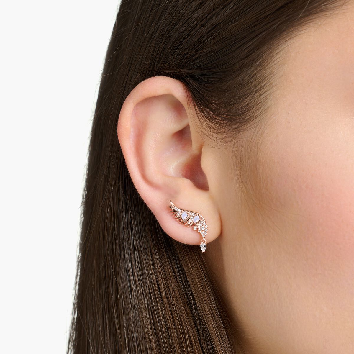 Ear studs phoenix wing with pink stones rose gold
