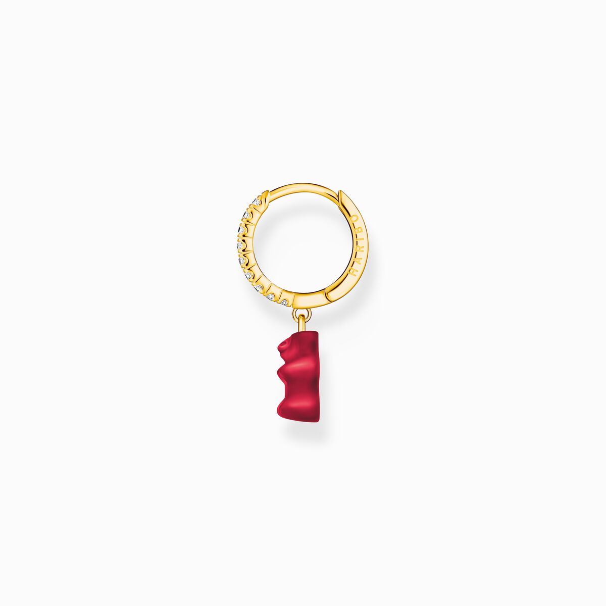 Gold-plated single hoop earring with red goldbears & zirconia
