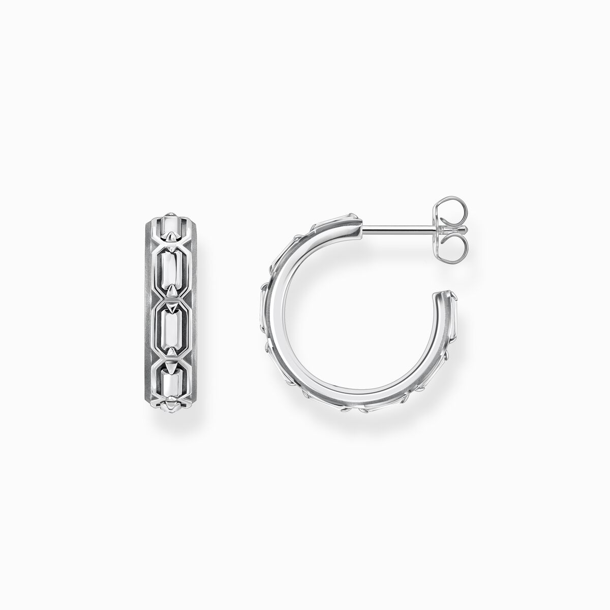 Blackened silver hoop ear rings crocodile shell structure