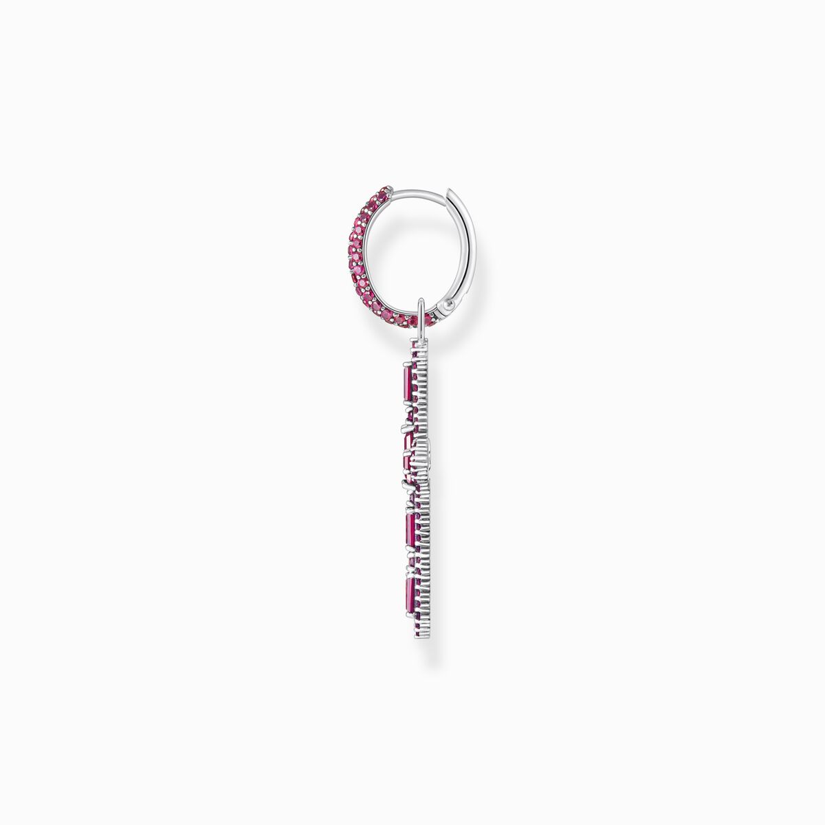 Silver blackened cross single hoop earring with ruby red stones