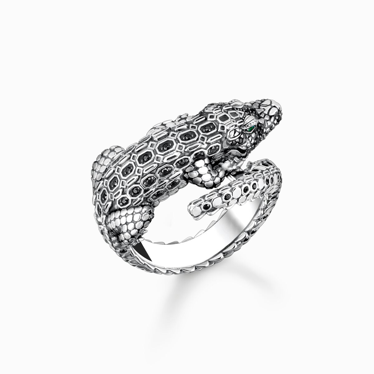 Blackened silver ring crocodile with black and green stones